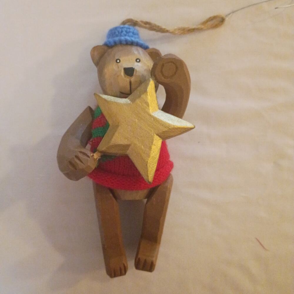 Wooden Articulate Bear with Star Hanging Decoration Christmas Ornament